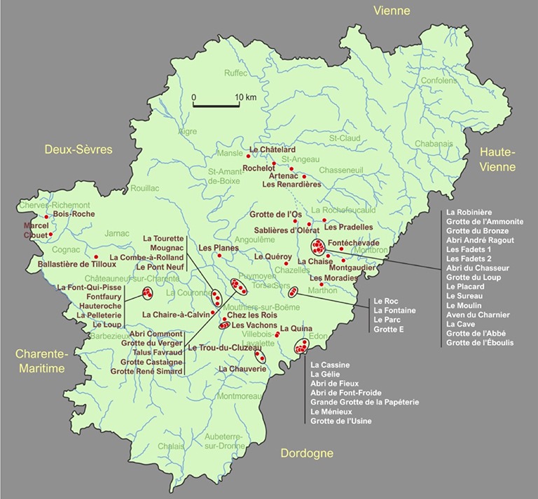 Carte des sites préhistorique en Charente